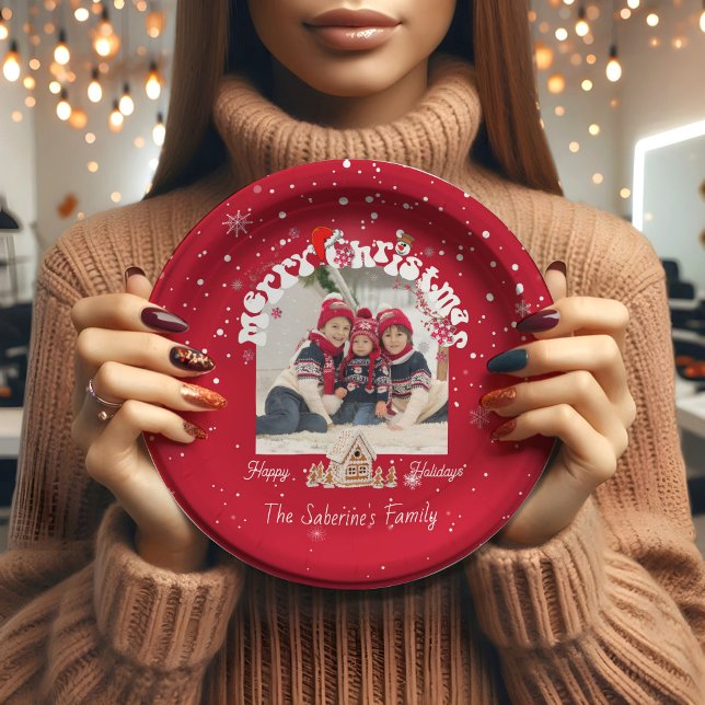 Modern Red Curved Graffiti Merry Christmas Photos  Pappteller (Von Creator hochgeladen)