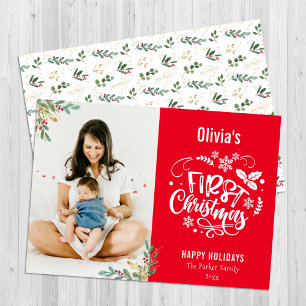 Modern Red Elegant Script Baby First Christmas Feiertagskarte