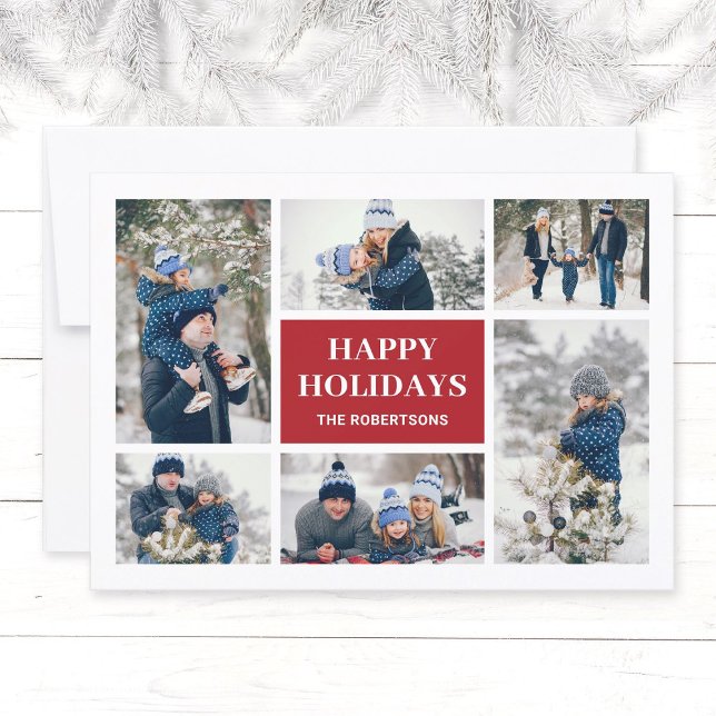 Modern Red Family 8 Foto Collage Weihnachtskarte (Modern, elegant family in winter photo collage Christmas greeting card in red, Happy Holidays.)