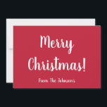 Modern Red Family Christmas Card Feiertagskarte<br><div class="desc">Behalt es einfach mit diesem personalisierten, fröhlichen Weihnachtsdesign. Es ist in klassisch rot und weiß gehalten. Es hat die Nachricht "Frohe Weihnachten!" und Platz für Sie, um Ihren Familiennamen hinzuzufügen, in weißem stylishen Typografie-Skript. Auf der Rückseite, sowie "Frohe Weihnachten!", hat es den Text "& a Happy New Year!", Ihren Namen...</div>