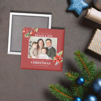 Modern Red Family Photo Christmas Magnet