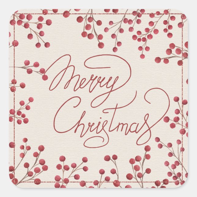 Modern Red Fire Berry Frohe Weihnachten Quadratischer Aufkleber (Vorderseite)