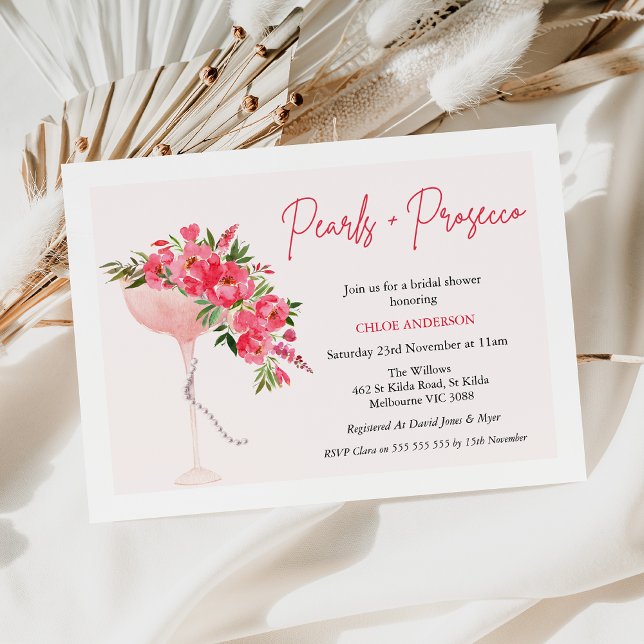 Modern Red Floral Pearls Prosecco Brautparty Einladung (Modern Red Floral Pearl and Prosecco Bridal Shower Invitation, Pearls Prosecco Invitation Template)
