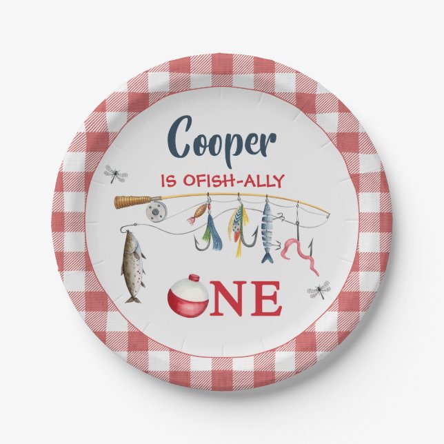 Modern Red Gingham Fishing 1st Birthday  Pappteller (Vorderseite)