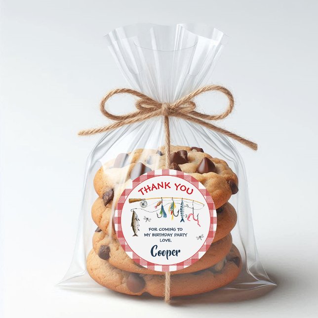 Modern Red Gingham Fishing Birthday  Runder Aufkleber (Ofishally One Birthday Sticker, Fishing Themed Birthday Sticker, Ofishal Birthday Sticker Gingham
)