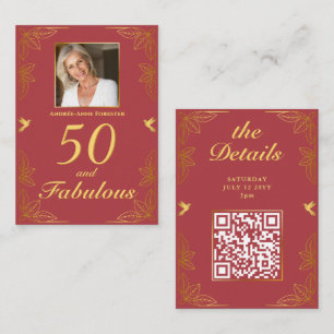 Modern Red Gold 50 Fabulous Birthday QR Code Begleitkarte