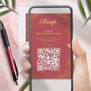 Modern Red Gold 50 Fabulous Birthday QR Code RSVP Karte