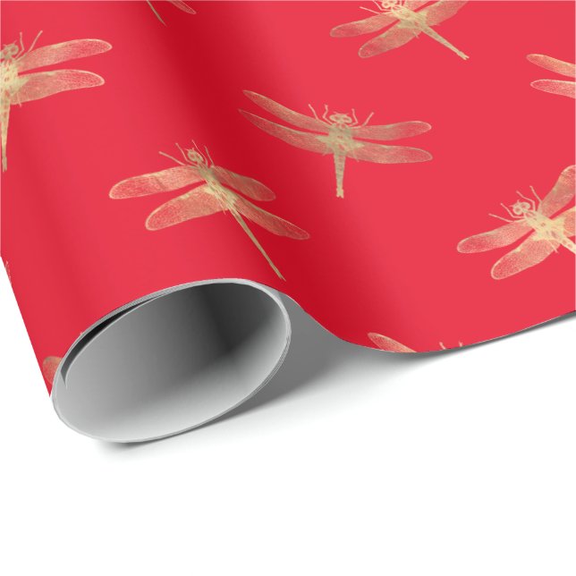 Modern Red Gold Dragonfly Musterpapier Geschenkpapier (Rolleneckpunkt)