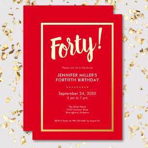 Modern Red & Gold Foil 40. Geburtstag Folieneinladung