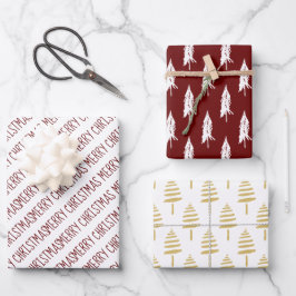 Modern Red & Gold Frory Weihnachtsbaume Geschenkpapier Set