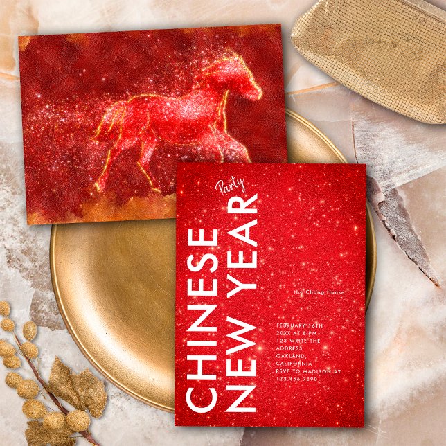 Modern Red Gold Glitter Horse 2026 Lunar New Year Einladung (Von Creator hochgeladen)