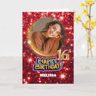 Modern Red & Gold Glitter Photo Name 16th Birthday Karte