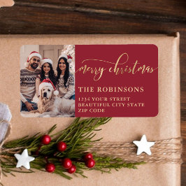 Modern Red Gold Photo Christmas Return Address Adressaufkleber
