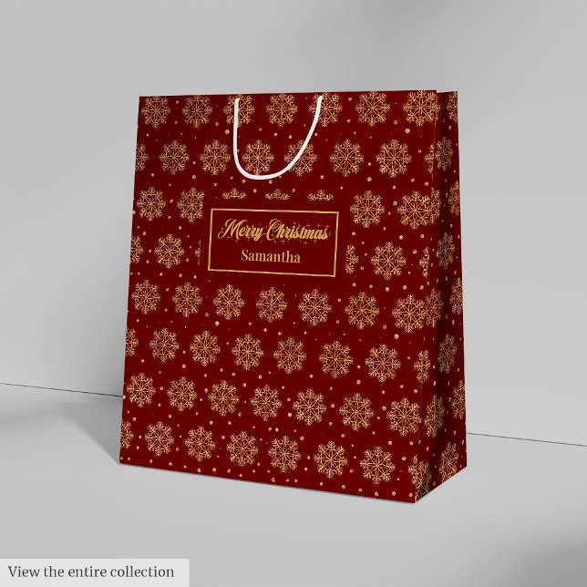 Modern Red Gold Snowflakes Christmas Gift Bag Mittlere Geschenktüte (Modern Red Gold Snowflakes Christmas Gift Bag)