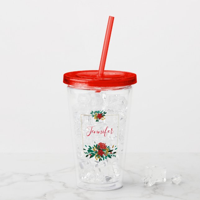 Modern Red Green & Gold Christmas Floral Acryltrinkbecher (Rückseite Ice)