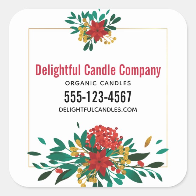 Modern Red Green & Gold Christmas Floral Business Quadratischer Aufkleber (Vorderseite)