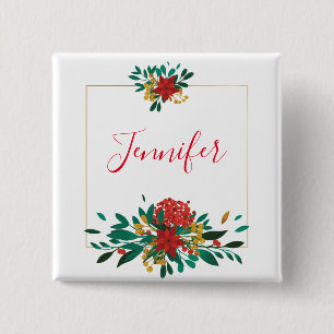 Modern Red Green & Gold Christmas Floral Button