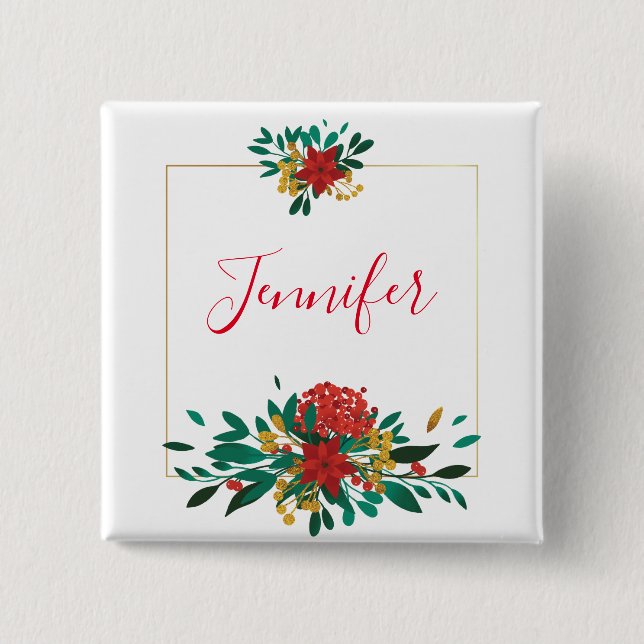 Modern Red Green & Gold Christmas Floral Button (Vorderseite)