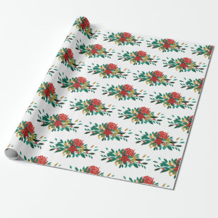 Modern Red Green & Gold Christmas Floral Geschenkpapier
