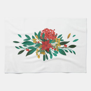 Modern Red Green & Gold Christmas Floral Geschirrtuch
