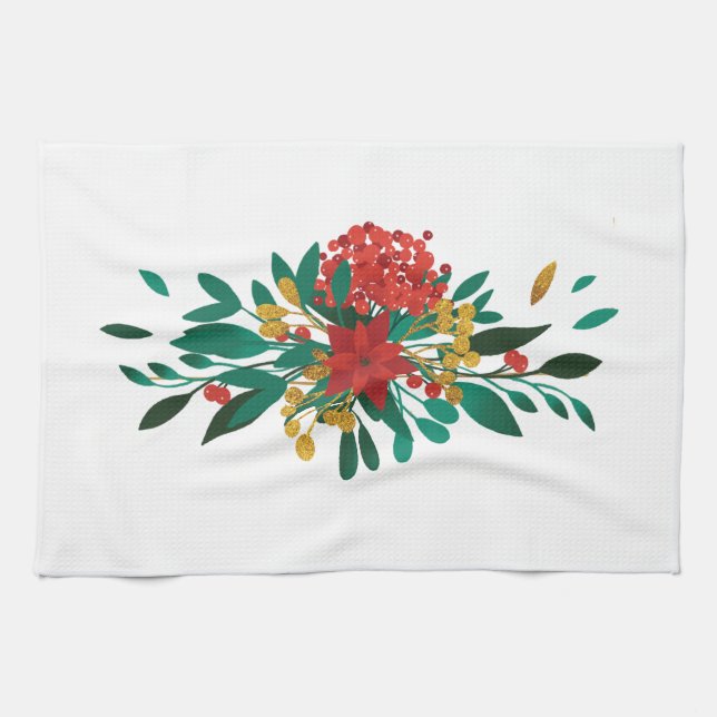 Modern Red Green & Gold Christmas Floral Geschirrtuch (Horizontal)