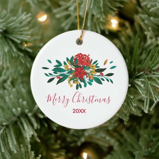 Modern Red Green & Gold Christmas Floral Keramik Ornament (Baum)