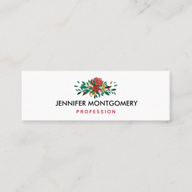 Modern Red Green & Gold Christmas Floral Mini Visitenkarte (Vorderseite)