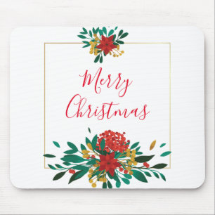 Modern Red Green & Gold Christmas Floral Mousepad