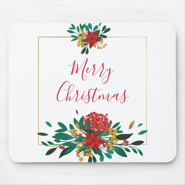 Modern Red Green & Gold Christmas Floral Mousepad (Vorne)