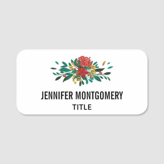 Modern Red Green & Gold Christmas Floral Namensschild (Vorderseite)