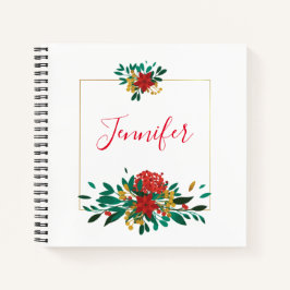 Modern Red Green & Gold Christmas Floral Notizbuch