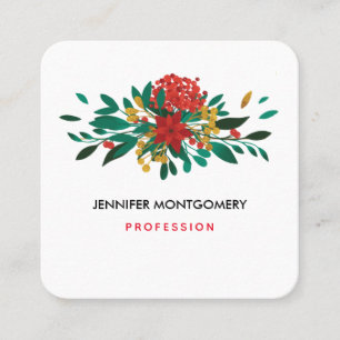 Modern Red Green & Gold Christmas Floral Quadratische Visitenkarte