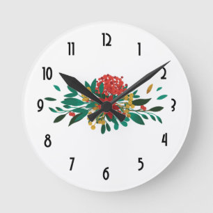 Modern Red Green & Gold Christmas Floral Runde Wanduhr