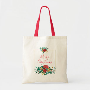 Modern Red Green & Gold Christmas Floral Tragetasche
