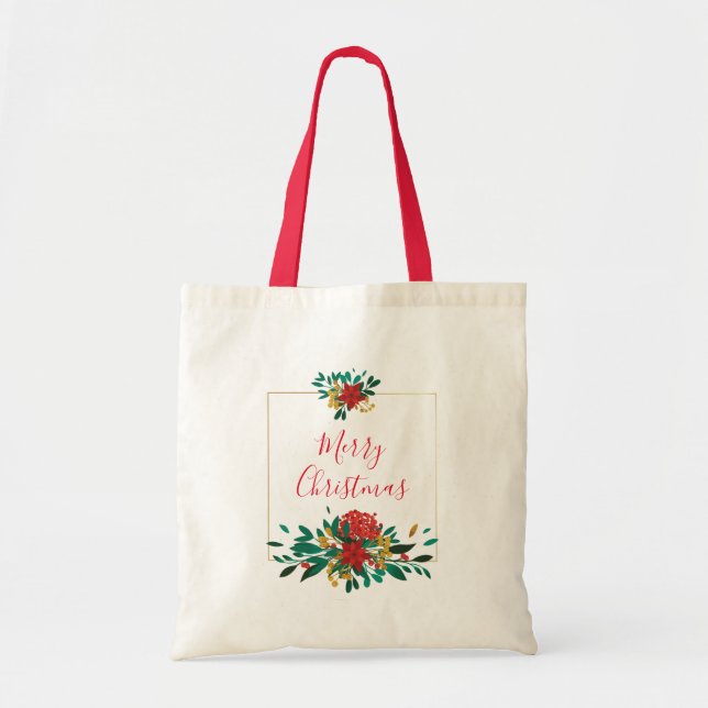 Modern Red Green & Gold Christmas Floral Tragetasche (Vorne)