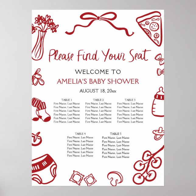 Modern Red Hand Drawn Italian Pizza Seating Chart Poster (Vorne)