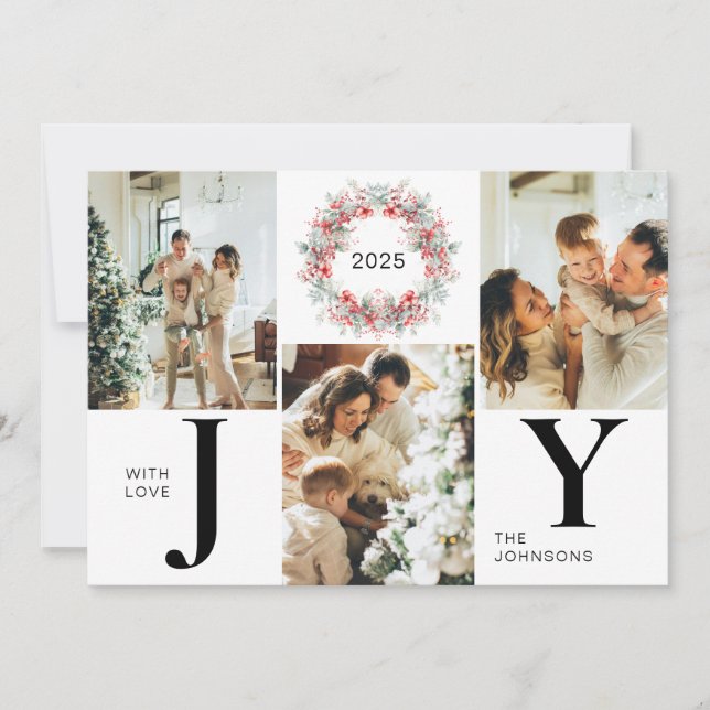 Modern Red Holly Berries 3 Foto Freude Weihnachten (Vorderseite)