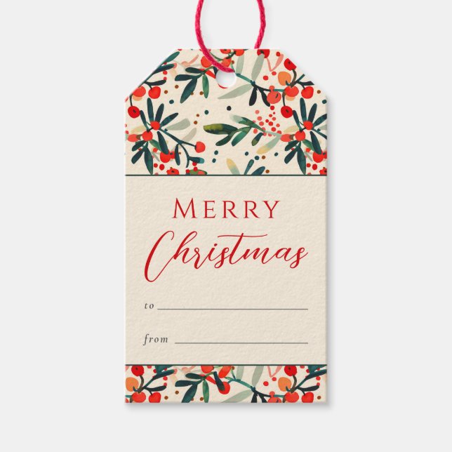 Modern Red Holly Berries Frohe Weihnachten Geschenkanhänger (Vorderseite)