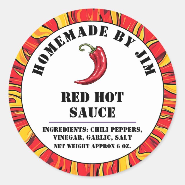Modern Red Hot Chili Sauce Pepper Label Runder Aufkleber (Vorderseite)