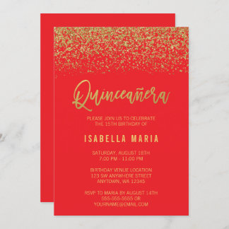 Modern Red Imitats Gold Glitzern Quinceanera Einladung
