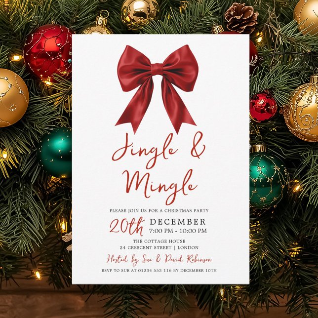 Modern Red Jingle Mingle Christmas Party Glam Bow  Einladung (Modern Red Jingle Mingle Christmas Party Glam Bow Invitation)