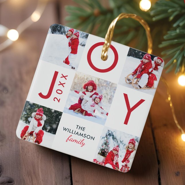 Modern Red Joy Checkerboard Family Foto Collage Keramikornament (Modern Red Joy Checkerboard Family Photo Collage Ceramic Ornament)