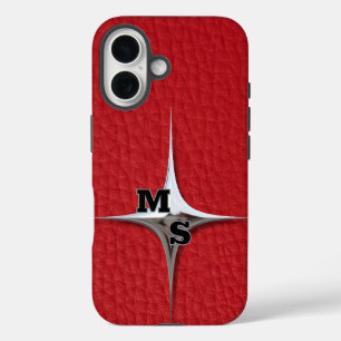 Modern Red Leather Monogram iPhone 16 Hülle