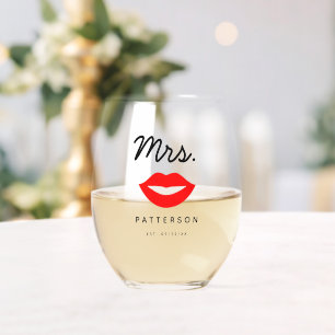 Modern Red Lips Mrs. Wedding Weinglas Ohne Stiel