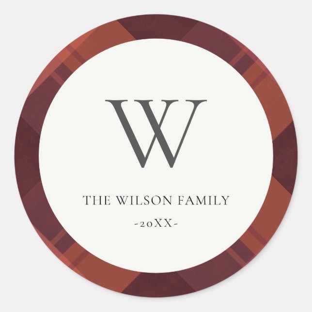 Modern Red Maroon Marsala Kariert Pattern Monogram Runder Aufkleber (Vorderseite)