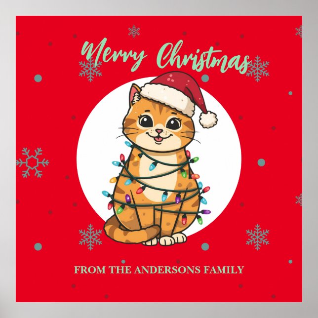 Modern red merry cat snowflake Christmas kitten Poster (Vorne)