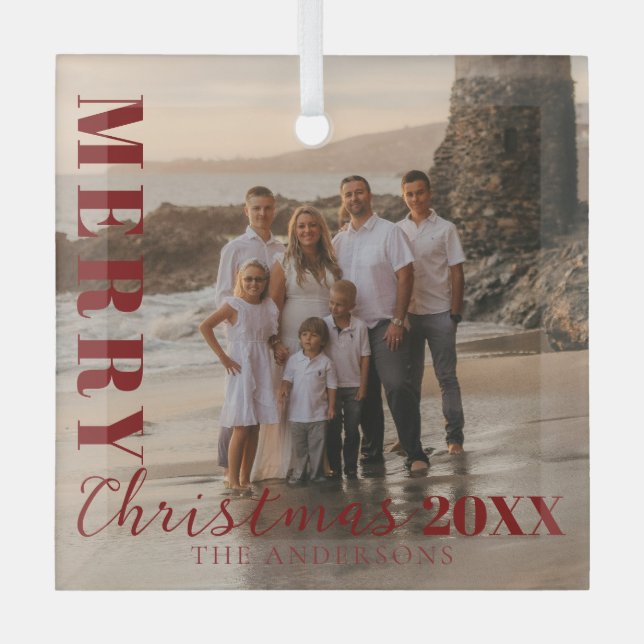 Modern Red Merry Christmas Script Foto Ornament Aus Glas (Vorderseite)