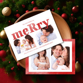 Modern Red “Merry” Typography Photo Family Feiertagskarte