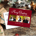 Modern Red Merry Weihnachten 3 Foto Jahr<br><div class="desc">Gestalten Sie Ihren eigenen modernen,  minimalistischen und schlichten,  aber eleganten 3-Foto Weihnachtsurlaub in Rot mit einem Gruß auf die Postkarte mit dem Text "Frohe Weihnachten mit viel Liebe" Roter Hintergrund ist für jede Farbe,  die Sie gewollt haben,  anpassbar. Personalisieren Sie den Rücken mit Ihrer eigenen speziellen Nachricht.</div>