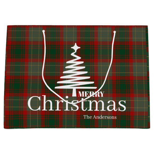 Modern Red Merry Weihnachtsbaum Skript tartan rot Große Geschenktüte (Vorderseite)